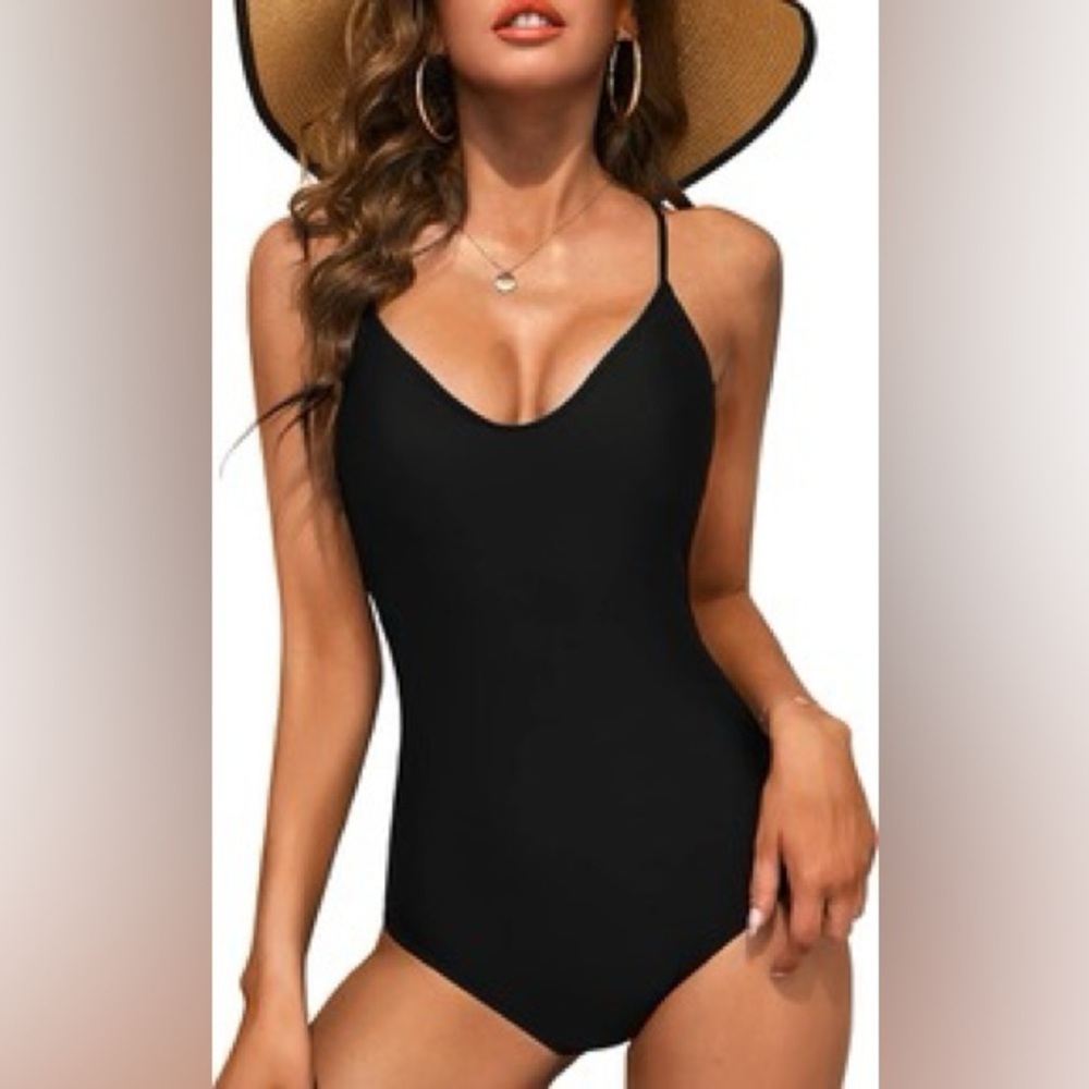 Ekouaer Deep V-Neck Criss-Cross Back Straps One Piece Swimsuit